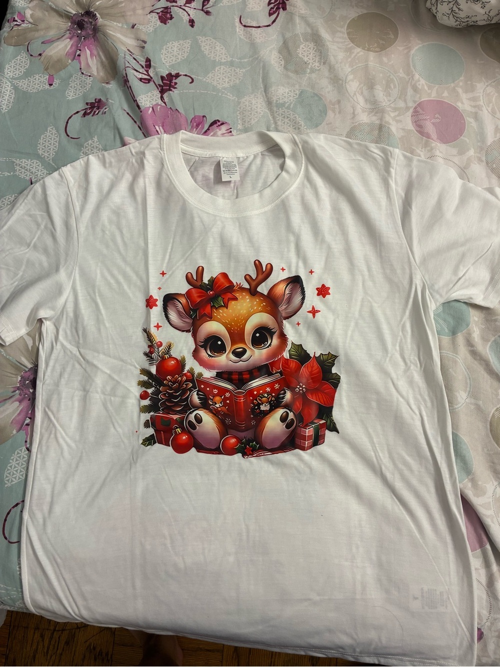 SHEIN White Tee with Cute Christmas Reindeer Graphic